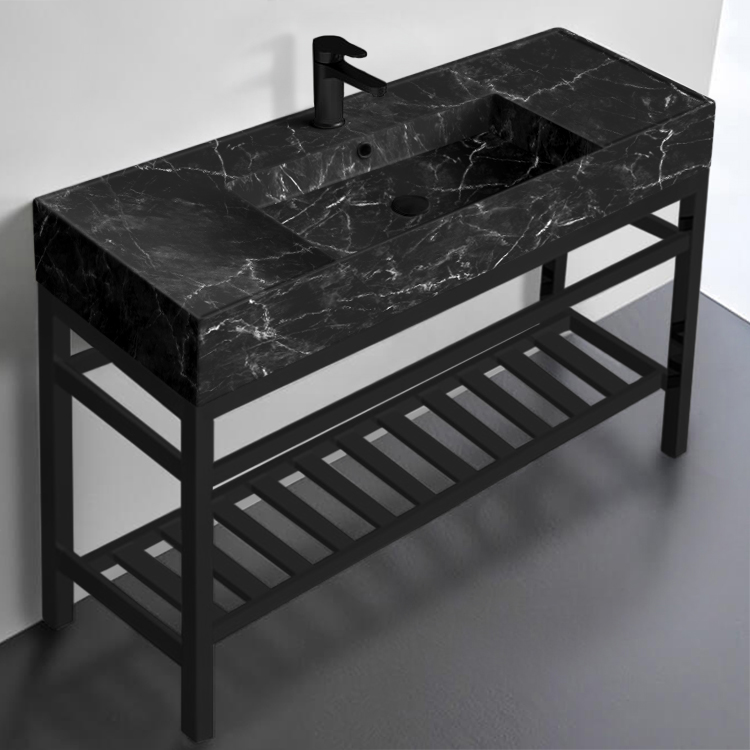 Scarabeo 5125-G-CON2-BLK 48 Inch Black Marble Style Console Sink Vanity, Ceramic Sink with Counter Space, Black Metal Stand